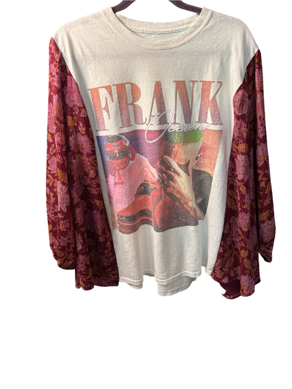 UpcyclGraphic FRANK Ocean Long Sleeve Tee with Floral Sleeves - White & Burgandy